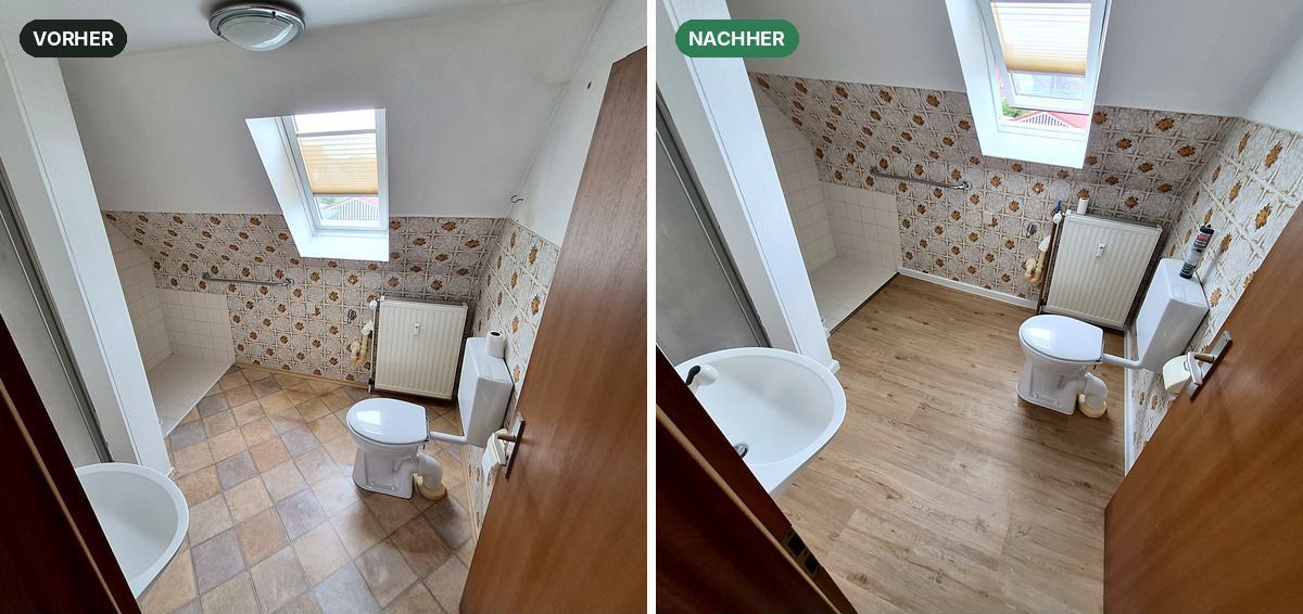 Bad im Dachgeschoss, vorher und nachher